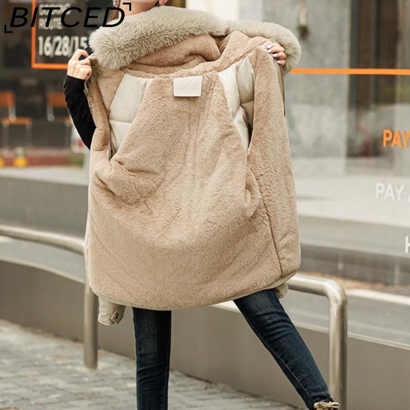 BITCED Fleece-Lined Thickened Down-Filled Cotton Coat for Women - Short Style Autumn/Winter Waist-Defining Design with Large Fur Collar