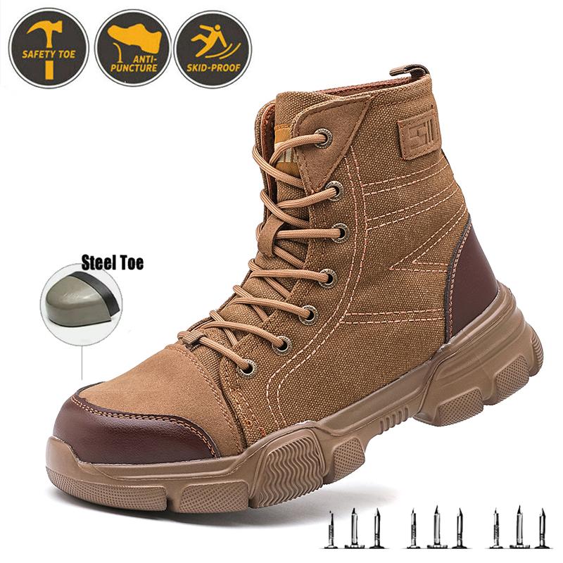 Men's Construction Work Safety Shoes Steel Toe Shoes Waterproof Anti-Puncture Wear-Resisting Protective Boots for Outdoor Work