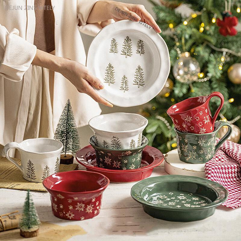 1PC Exquisite Christmas Tableware Ceramic Plates Fruit Salad Plates Breakfast Milk Mugs Household Kitchen Ceramic Noodle Bowls