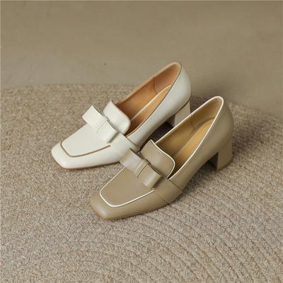 New Fashion Genuine Leather Women Shoes Leisure Sheepskin Shallow Pumps Shoes Women Square Toe Thick Heel Zapatos De Mujer