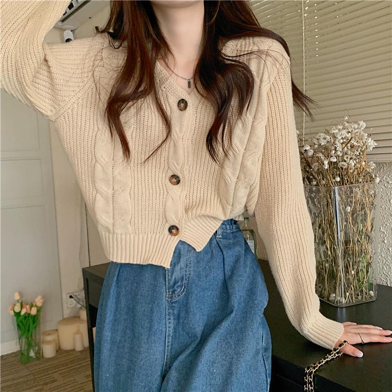 Lazy high-end short sweater women's autumn and winter twist milk fufu temperament thin V-neck jacket