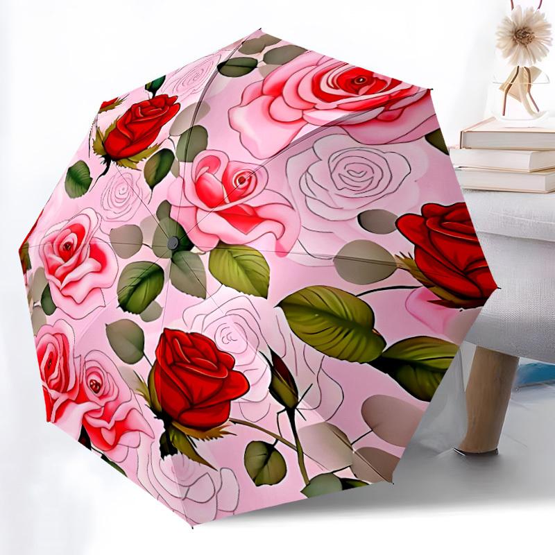 1pc Roses Pattern Automatic Opening/Closing Umbrella with Operation & Windproof Canopy - Folding Design, Holiday Gift Yy260225176