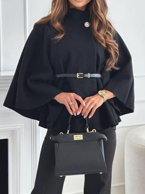 Women's Winter Fashion Elegant Style Pure Color Waist Belt Wool Cape Coat
