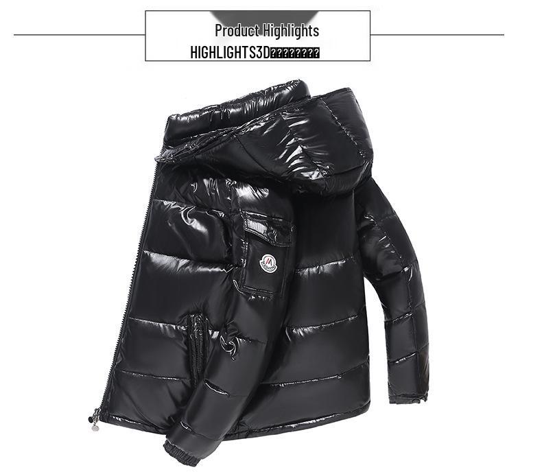 Geacă de puf lucioasă cu glugă pentru bărbați - Palton scurt de iarnă, Căldură groasă la modă