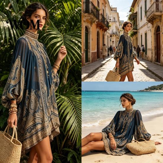 Lantern Sleeve Dress Boho Floral Print High Neck Irregular Chiffon Mini for Women, Puff Long Flowy Party Cocktail Dress, Summer Beach Vacation