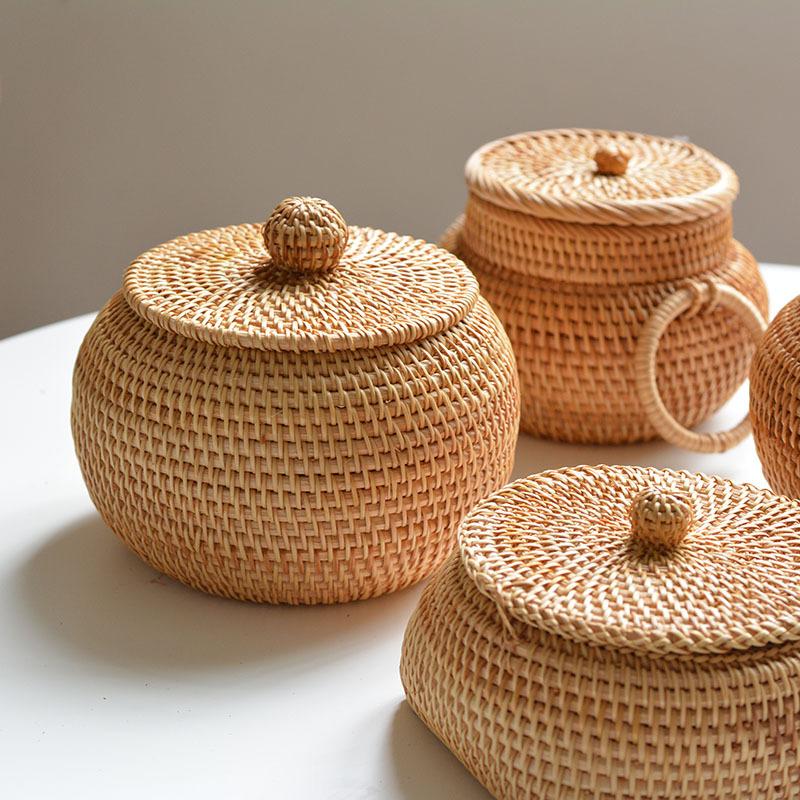 Various Desktop Decorations with Lids Snack Storage Boxes Autumn Rattan Circular Coffee Tables Remote Control Storage Boxes