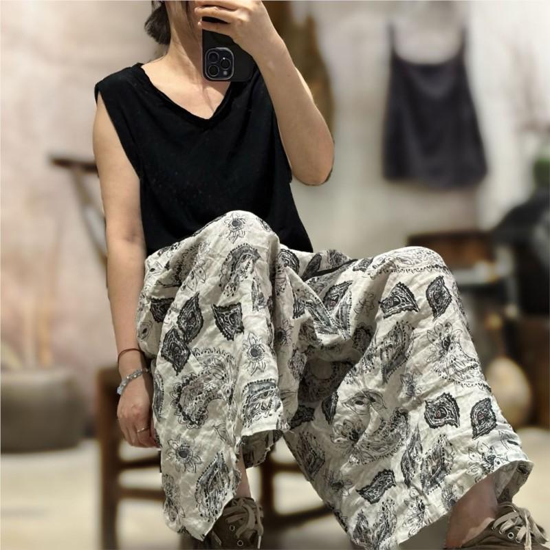 Johnature Women Vintage Striped Pants Print Floral Elastic Waist Loose Trousers Autumn Belt Casual Long Pants
