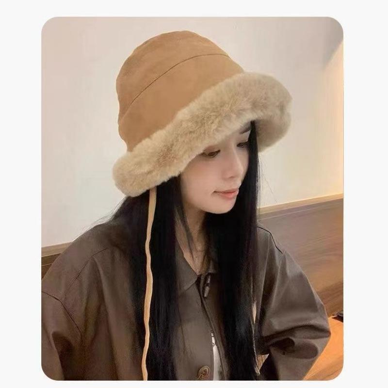 Hat Women's winter tide thickened fluffy hat Outdoor cold-proof Mongolian hat Show face small bucket hat Warm ear protector basin hat