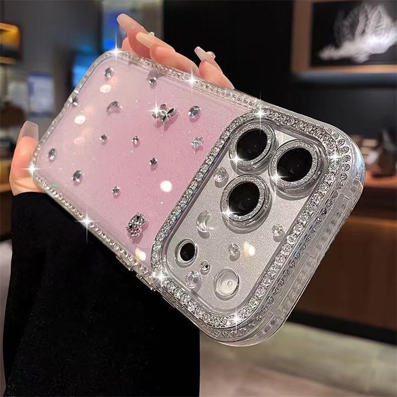 

Double-Sided Rhinestone Glitter Case with Full Coverage Lens Film for iPhone 17 Pro Max, 16 Pro, 15 Pro iPhone 14 (6.1 inch) розовый