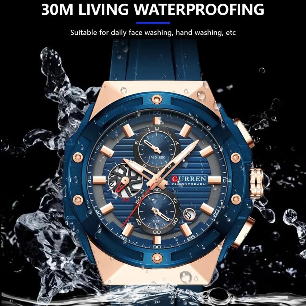 CURREN Fashionable Sports Multifunctional Chronograph Quartz Watch with Silicone Strap Creative Design Dial Luminous Hands