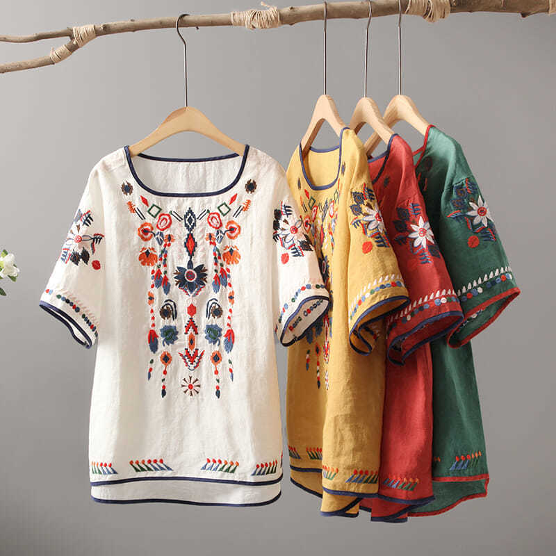 Camisetas Florales Bordadas para Mujer Camisas Clásicas Holgadas Casuales Cuello Redondo Manga Corta Blusa de Verano