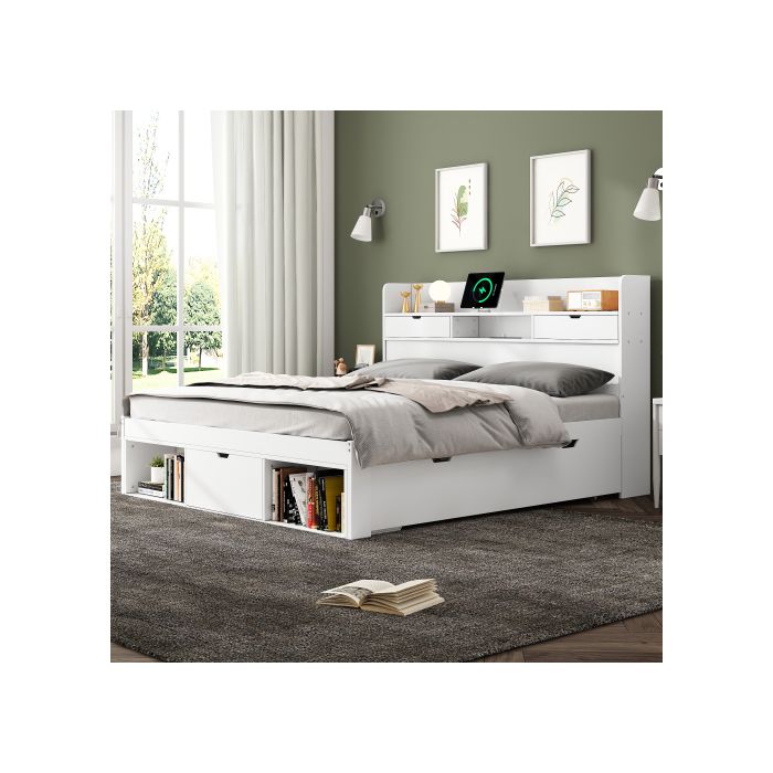 Lit double - MUVOE - 180x200 cm - Avec port USB - Tiroirs de rangement - Blanc