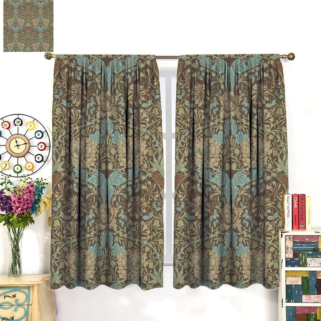 Retro Bohemian William Morris Plant Floral Blackout Curtains   Abstract Vintage Country Floral Leaf Pattern Window Drapes   for Li
