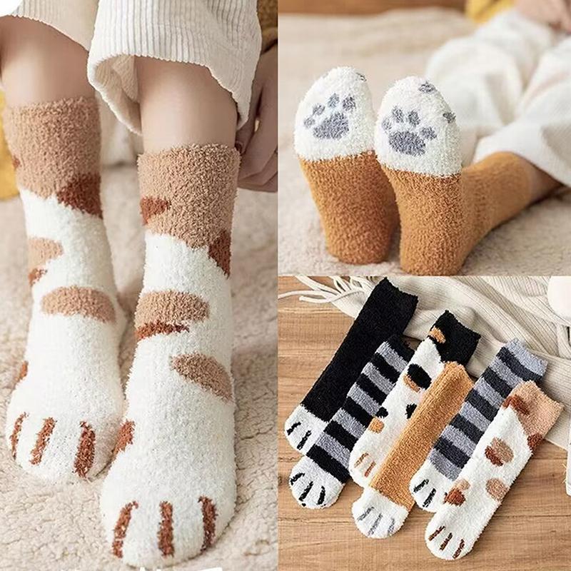 1 Pair Autumn Winter Coral Velvet Socks Cute Cat Claw Socks For Women Girls Middle Tube Thickened Sleep Socks Home Floor Socks