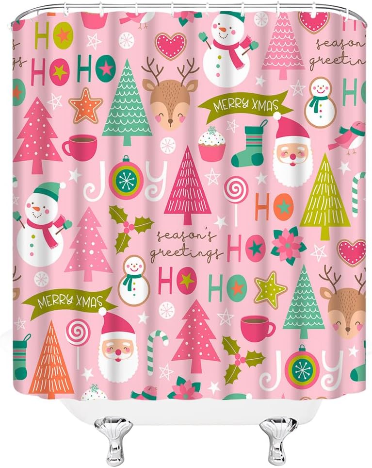 Funny Cartoon Snowman Santa Claus Shower Curtain With Pink Green Xmas Tree Pattern, Winter Holiday Bathroom Decor For Festival