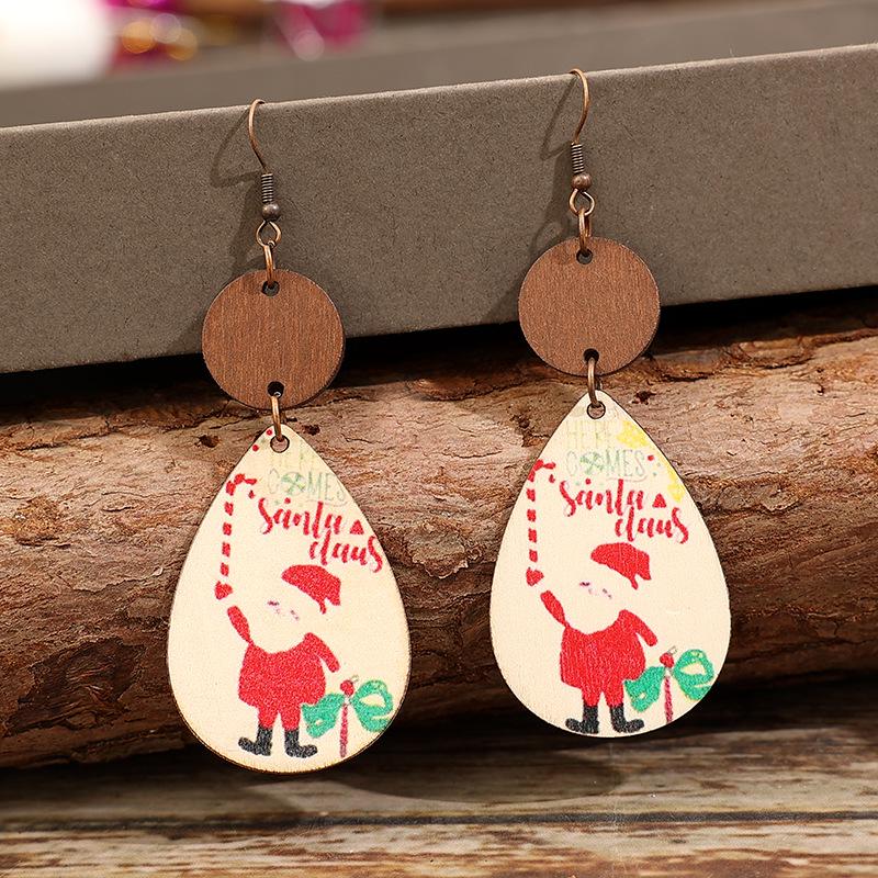 Винтажные деревянные серьги с принтом Санта-Клауса