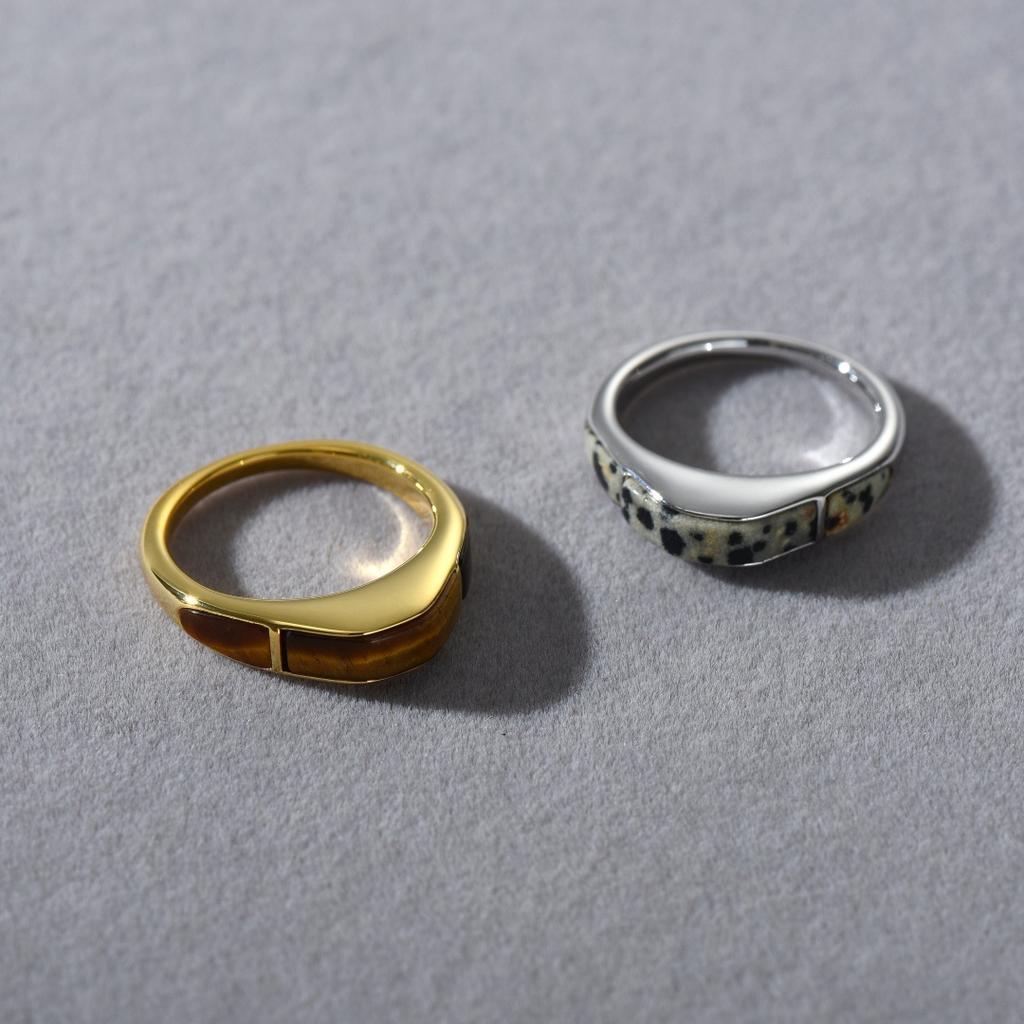 French Copper-Plated 18K Real Gold Inlaid Tiger'S Eye Stone Spotted Stone Ring, Elegant Temperament Simple Niche Ring