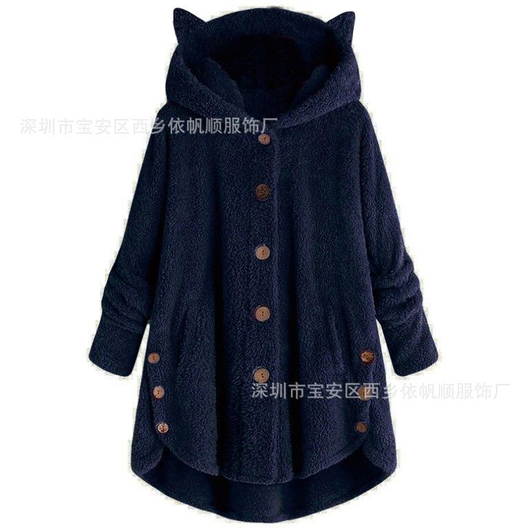 Autumn and Winter European and American Buttons Hooded Cat Ears Plush Top Irregular Trendy Brand Solid Color Coat Women