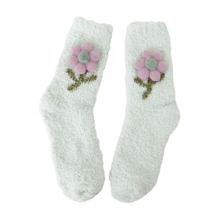 Womens Candy Color Fuzzy Slipper Socks Cute 3D Plush Flower Warm Fleece Socks One Size
