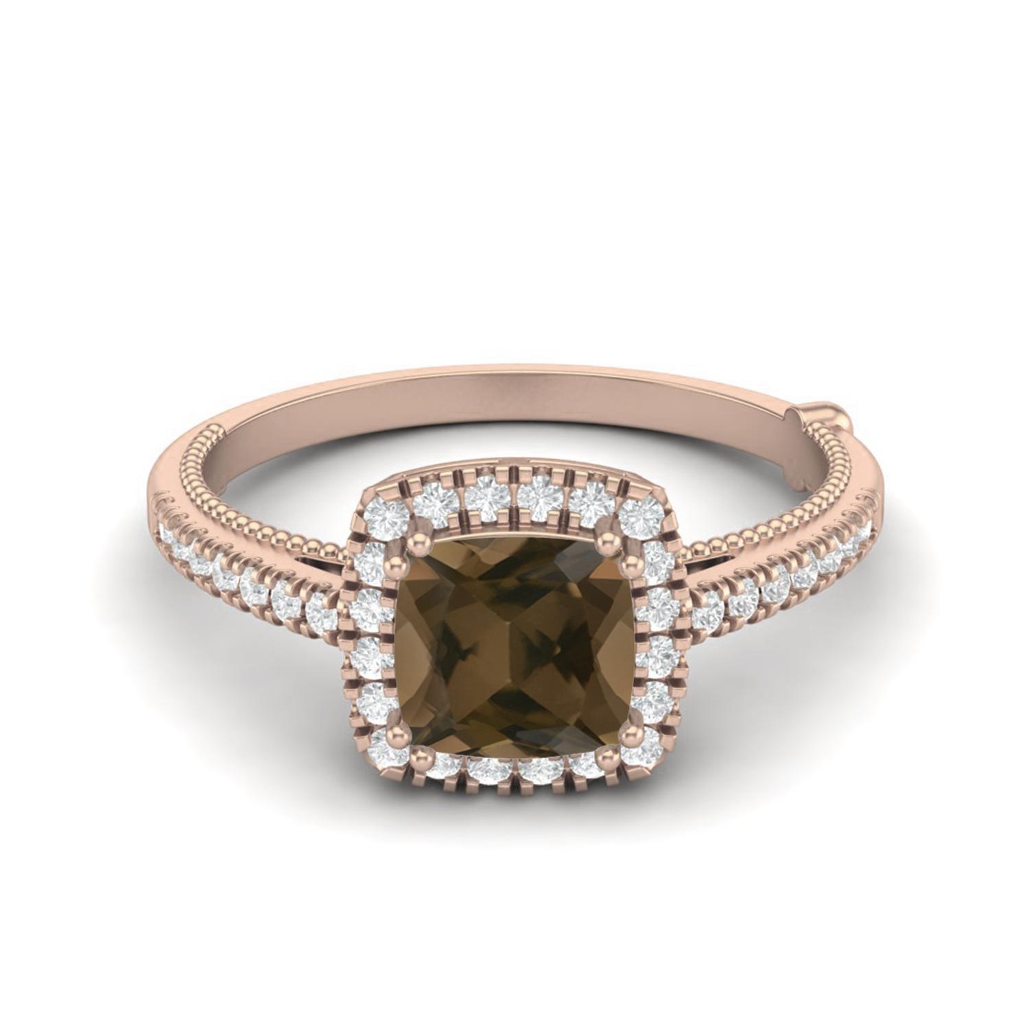 1.49 Ctw Cushion Smoky Quartz 925 Sterling Silver Rose Vermeil Solitaire Halo Women Engagement Ring 11