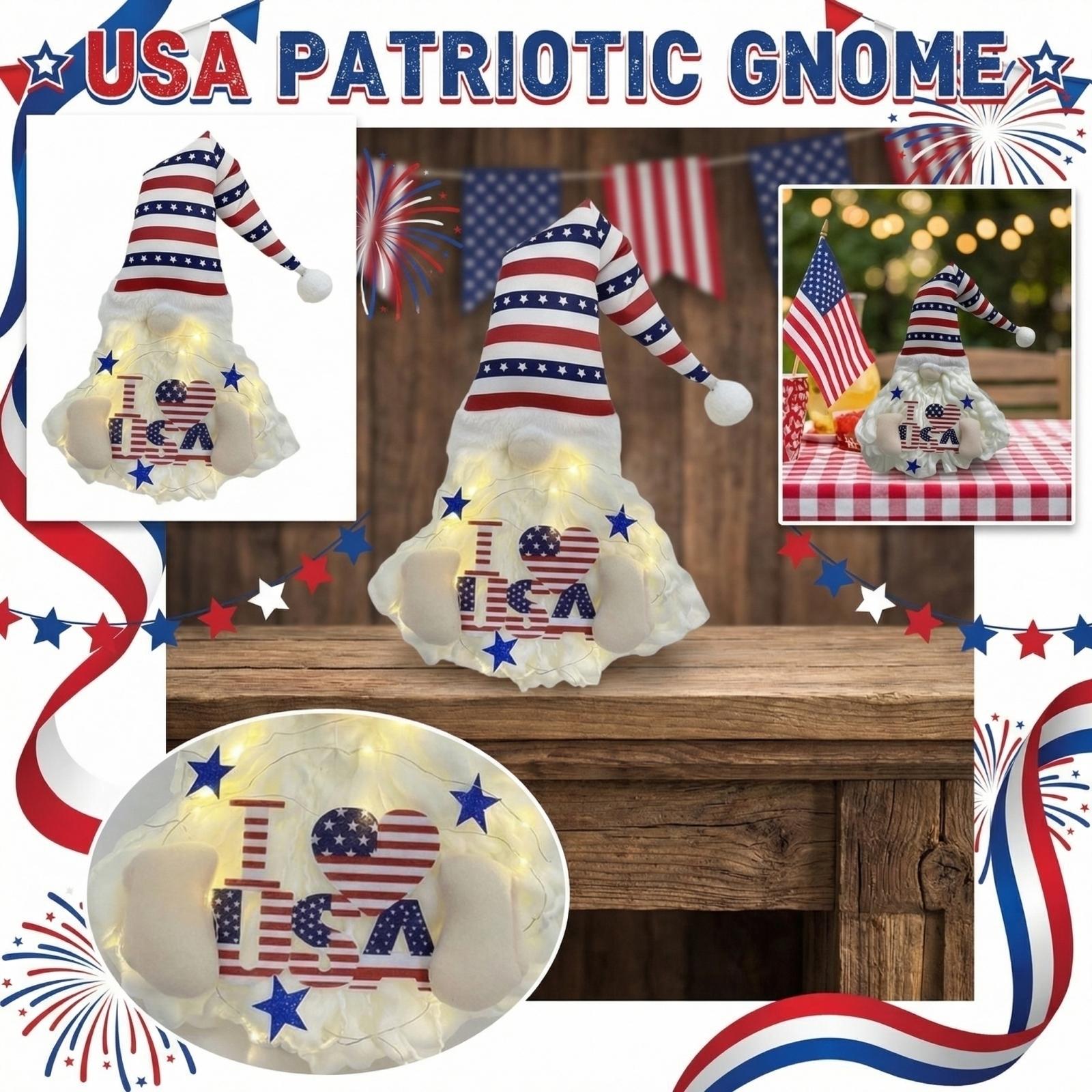 

Patriotic Gnome Plush Doll with LED Lights Decorative Hat and Printed Letter Design for Home Table Shelf Display One Size