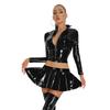 Sexy Women 2 Pcs/Set Glossy Shiny Flared Pleated Skirt Wetlook Pu Faux Leather Ruffled Mini Skirt With Short Top Dance Wear