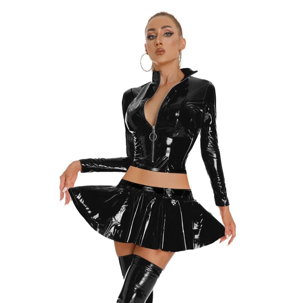 Sexy Women 2 Pcs/Set Glossy Shiny Flared Pleated Skirt Wetlook Pu Faux Leather Ruffled Mini Skirt With Short Top Dance Wear