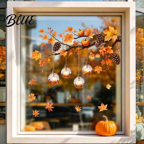 Static Cling Window Decals Autumn Maple Leaf And Lantern Sticker Double Sided PVC Waterproof Thanksgiving Party Decor Decals Removable Electrostatic