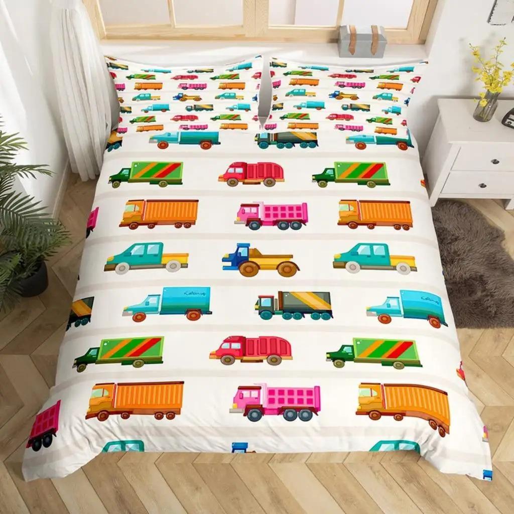 Truck Excavator Duvet Cover Set Queen Size for Kids Nursery Cartoon Tractor Engineering Vehicle Construction Theme Bedding Set