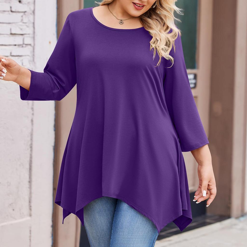 Womens Plus Size 3/4 Sleeve Shirts  Round Neck Tunic Tops Basic Loose Fit Tee Tops