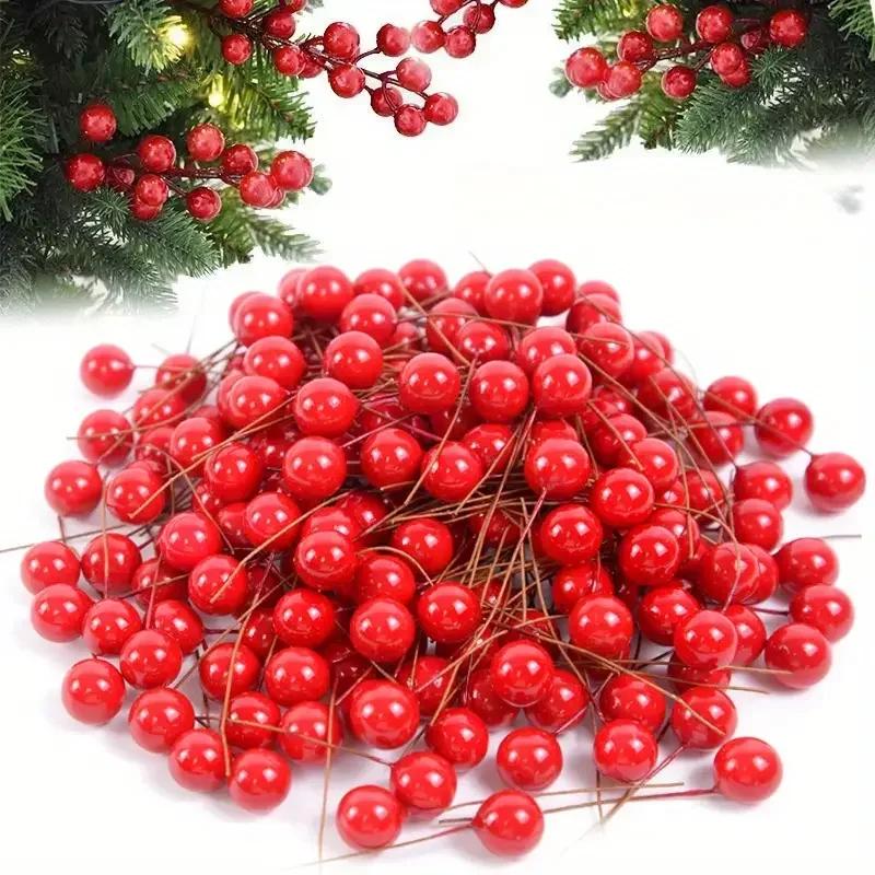 Christmas Artificial Pine Branches with Red Berry Stems Faux Norfolk Pine Cypress Leaves Stems Fake Foliage Pine Picks for DIY C