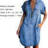 Women Dress Turn Down Collar Short Sleeves Pockets Zipper Loose Knee-length Dress