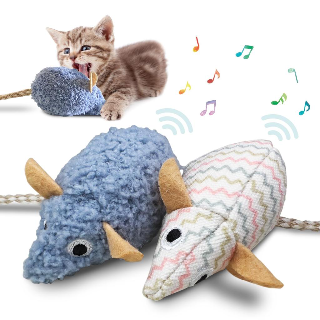 FelineBees Cat Teething Toy with Squeak and Touch Sound, Mouse (2-Pack) - Turn Play Into Dental Care for Cats with Lack of Exercise, FCM-01
