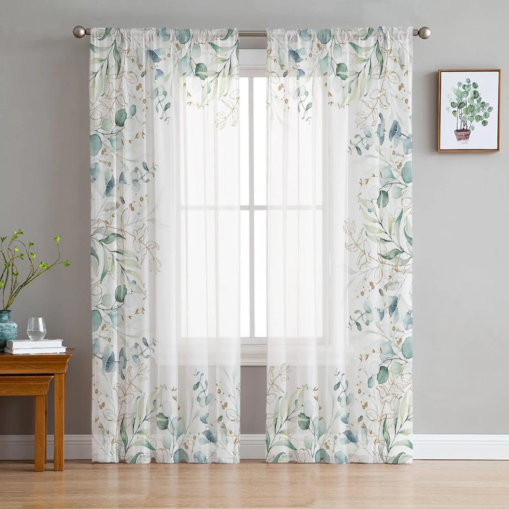 Blue Watercolor Flower Tulle Curtains For Living Room Chiffon Voile Sheer Window Curtain For Bedroom
