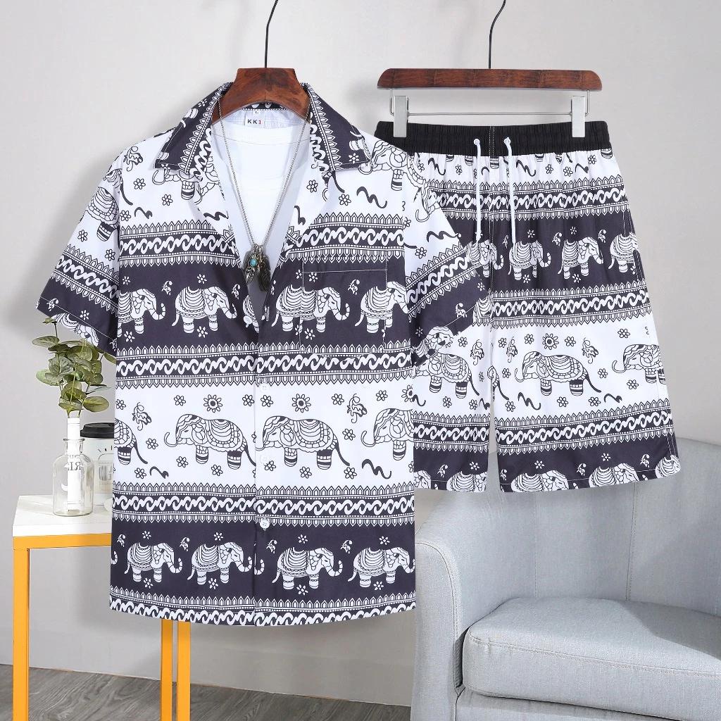 Elephant Pants Shorts Shirt Set V-neck Adjustable Elastic Waist Strap Women Men Unisex Print Thailand Casual Beach Summer Bohemian Retro Vintage
