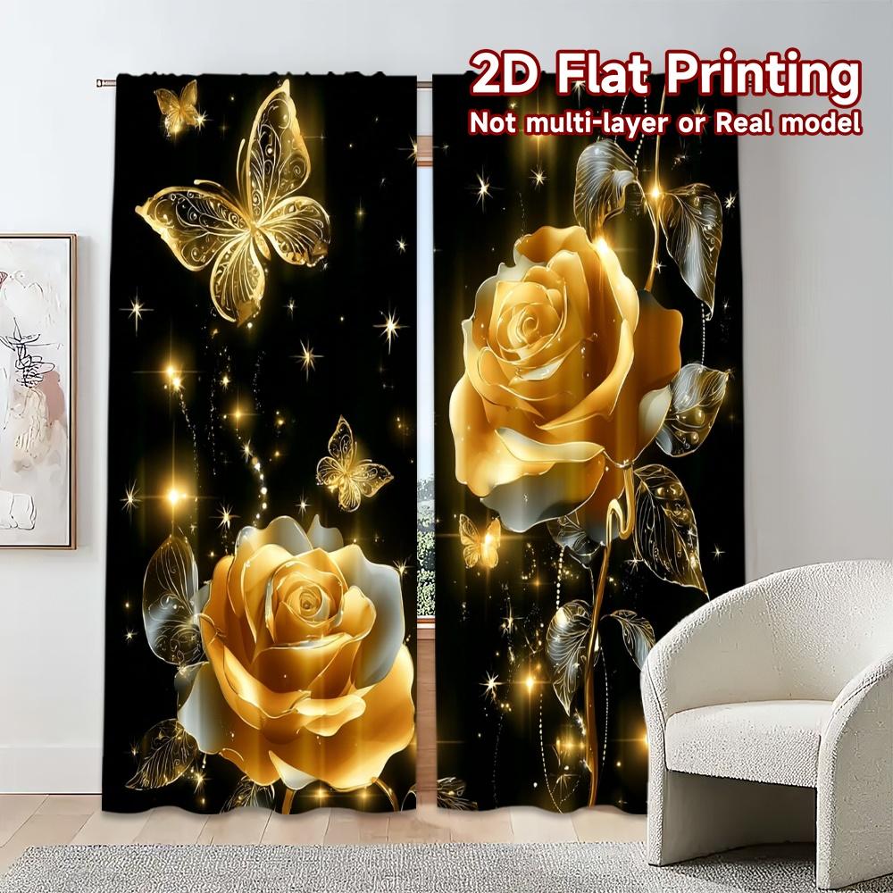 2pcs, 2D FLAT PRINTING Curtains (Without Rod) Golden Elegance Fashionable Modern Curtains Semi-Sheer Curtains Decorations For