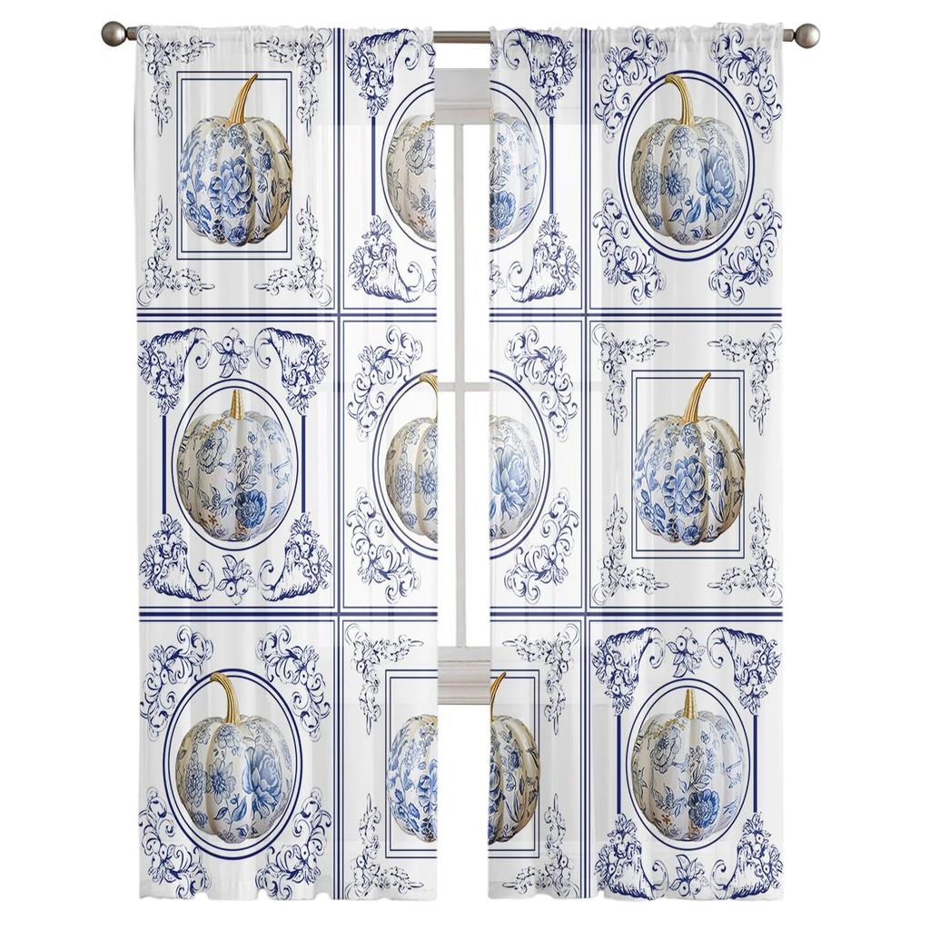 Thanksgiving Autumn Oil Painted Pumpkin Bedroom Transparent Sheer Curtains Holiday Decoration Window Voile Tulle Curtain