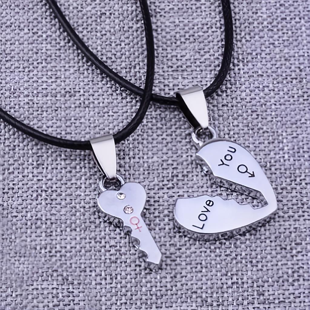 A Set of Two Minimalist Creative Heart-Shaped Key Pendants 'Love You' Couple Necklaces, Symbolizing Friendship, Commitment, And Love, Perfect As Fashi