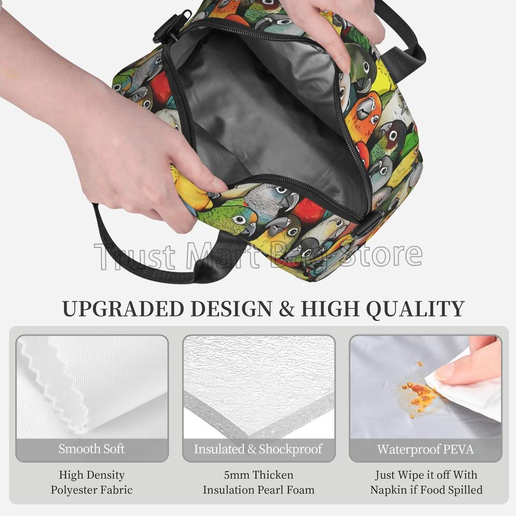 Cute Parrots Insulated Lunch Bag for Women Kids Reusable Portable Cooler Thermal Bento Tote Bags with Adjustable Shoulder Strap