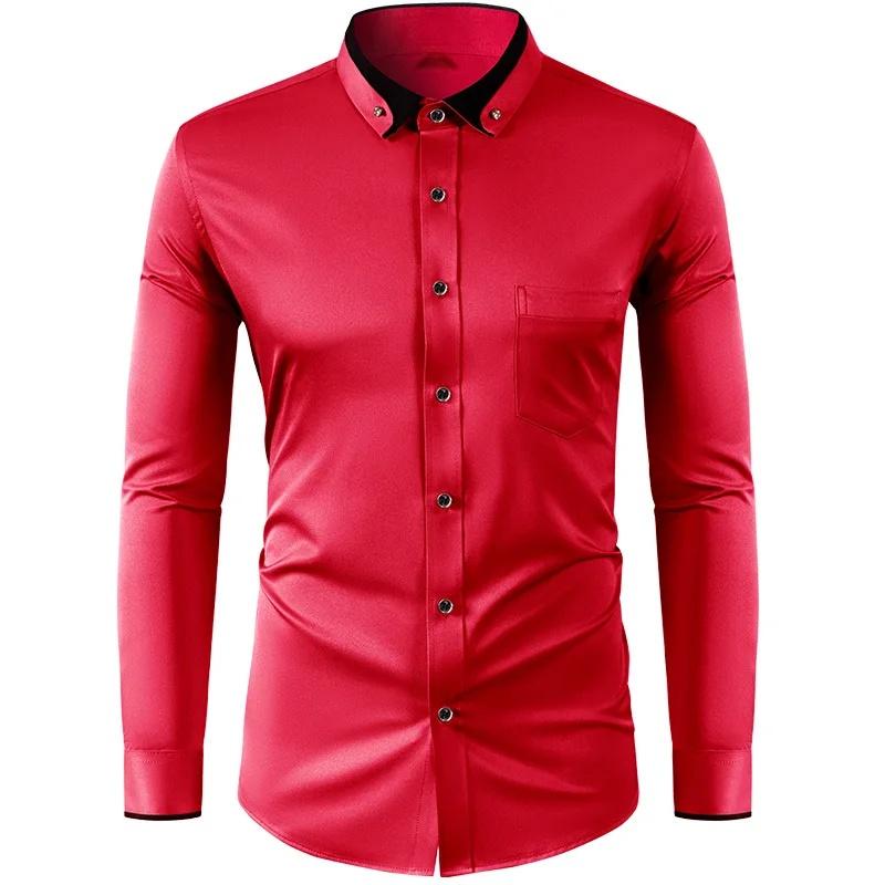 Elastic Shirt Men's Long Sleeved Diamond Buckle Contrasting Collar Design Solid Color Slim Fit Men's Shirt Men's Clothing