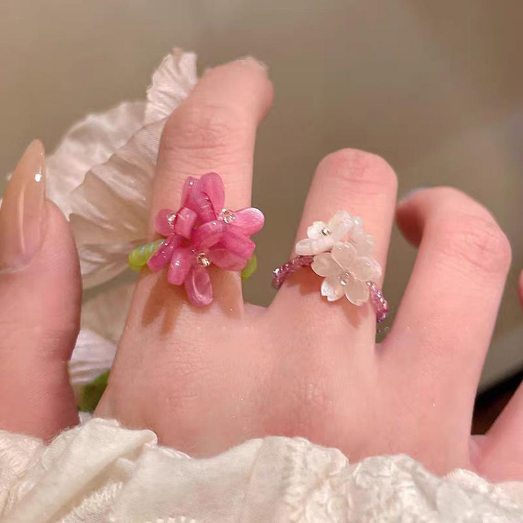 Violets Flower Beaded Elastic Ring Foldable Acrylic Jewelry Korean Fashion Jewelry Accessory for Women Handmade Gift