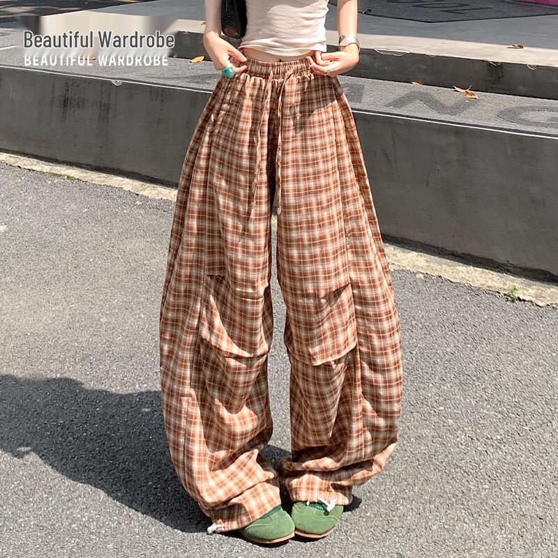 Beautiful Wardrobe Women s High-Waist Loose Plaid Wide-Leg Casual Pants S
