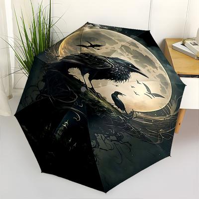 1 Stück Mond Rabe Regenschirm mit 8 Eisenrippen und einem Kunststoffgriff, automatische Öffnung und Schließung, tragbar und faltbar1023
