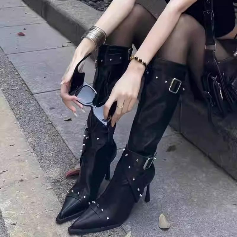 Studded Metal Buckle High Boots Autumn New Pointed Toe Zip Stiletto Heel Women'S Single Shoes