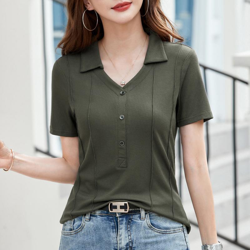 The Lapel Button Slimming Figure-hugging Elastic Half-sleeved T-shirt Is Fashionable Versatile and Elegant