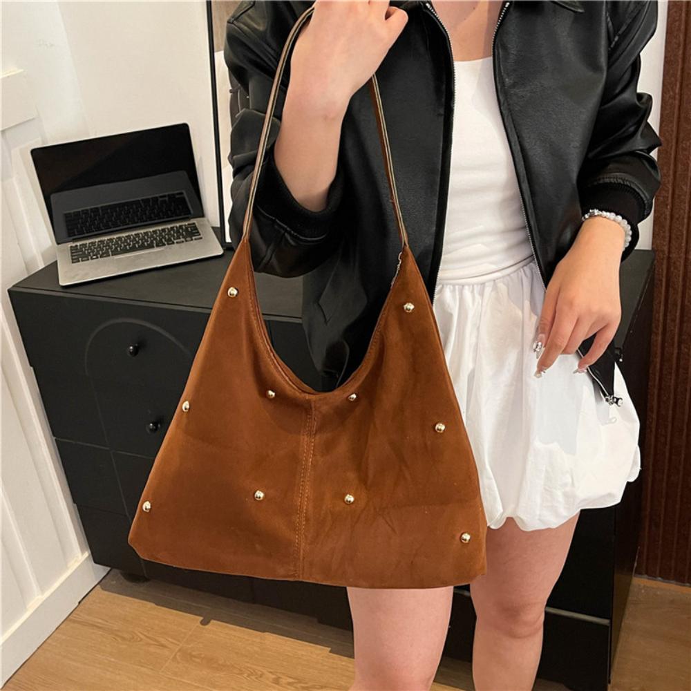 Fashion Simple Rivet Handbag Large Capacity Velvet Tote Bag With Leather Handle Autumn Winter Women Shoulder Bag Shopping Bag