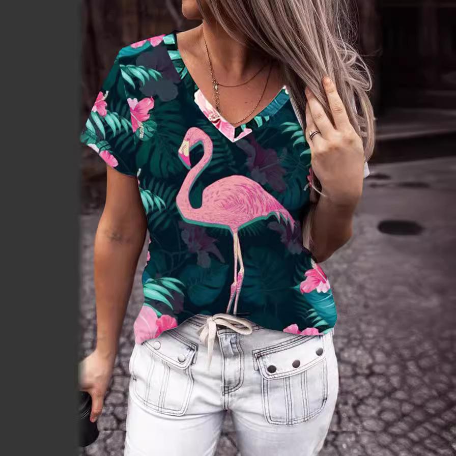 

Летний топ с V-образным вырезом и 3D принтом с животным узором, модная повседневная женская футболка с коротким рукавом S