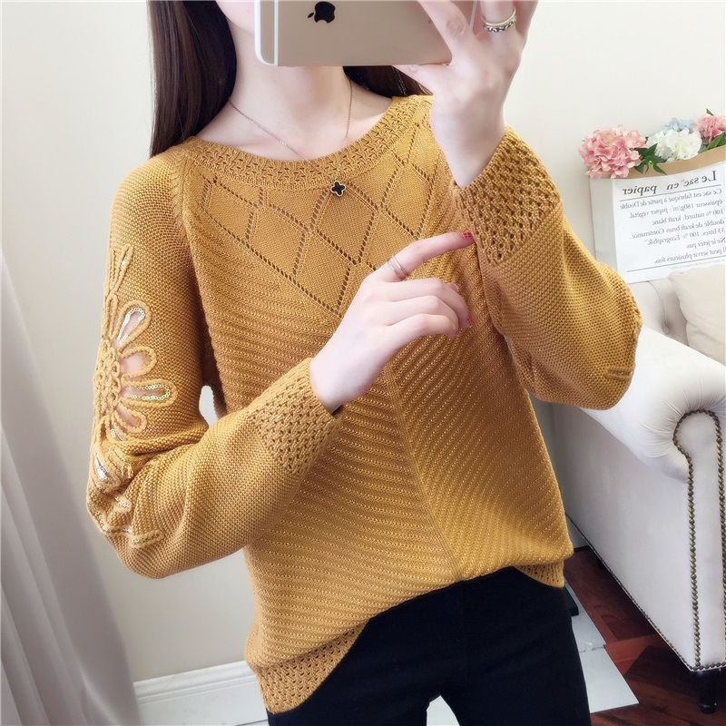 Temperament Spring Autumn New Sweaters Women's O-Neck Lace Embroidered Hollow Out Fashion Long Sleeve Pullovers Knitted Tops