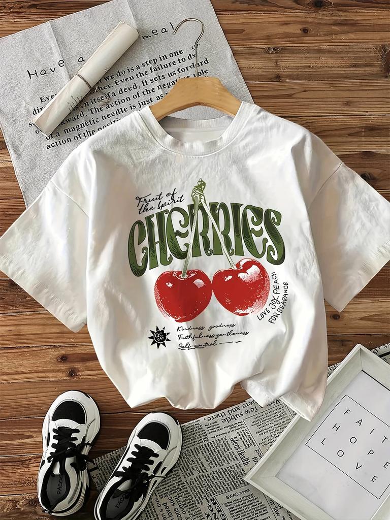 Unisex Cherry Tshirt With Heart Cherries Graphic Print Oneck Tops Tees T Shirt Short Sleeve Clothing Female Casual