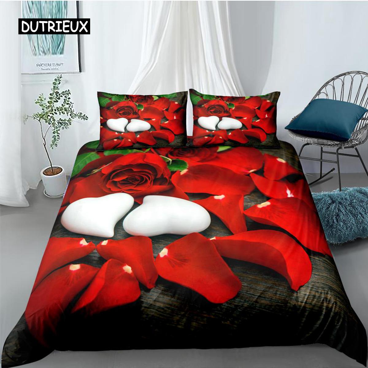 

Valentine s Day Wedding Flower Bedding Set 2/3 Pieces Luxurious Rose Heart Love Queen Twin King Polyester Duvet Cover Pillowcase EU single(135x200cm)